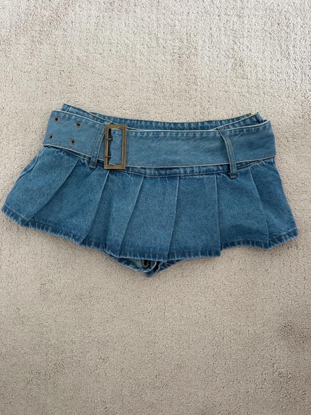 Edikted Blue Denim Pleated Mini Skort with Belt